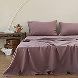 Simple&Opulence 100% Washed Linen Sheet Set-Queen Size-Natural France Flax Bed Sheet-4 Pcs Breathable,Ultra Soft,Farmhouse Bedding (1 Flat Sheet,1 Fitted Sheet,2 Pillowcases)-Embroidery Purple