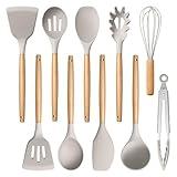 E-far Silicone Cooking Utensils Set, 10-Piece Heat Resistant Kitchen Utensils Set with Wooden Handle for Nonstick Cookware, Kitchen Nonstick Tools Spatula Whisk Tongs Ladle, Non-toxic & Healthy(Khaki)