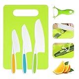 Kids Knife Set, 5 Pieces Montessori Kitchen Tools for Toddlers' Real Cooking, Kids Safe Kitchen Cooking and Baking Knife Set with Peeler, Cutting Board for Sandwich Bread Vegetable Fruit Present