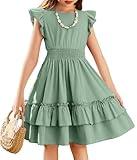 Arshiner Little Girls Short Sleeve Dresses Easter Summer Cotton Casual Swing Twirly Sundress for 7-8 Years Light Green