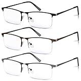 WEIMELTOY 3 Pack Blue Light Blocking Reading Glasses for Men, Stylish Half Frame Metal Computer Readers, Lightweight Spring Hinge Eyeglasses Anti Eyestrain/Glare/UV (Mix Color, Black+Grey+Brown, 1.5)