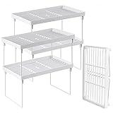 NiHome 4-Pack Stackable Plastic Kitchen Storage Shelf Foldable Rack - White Kitchen Cabinet Organizer and Storage Shelves Stackable Expandable Storage Racks for Counter Cabinet Pantry