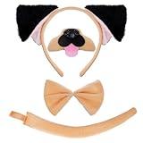 Dxhycc Pug Costume Accessories Set, Pug Ears Headband Nose Bowtie and Tail Costume Accessories for Halloween Dress Up Play Party