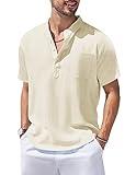 COOFANDY Men's Casual Cotton Linen Henley Shirts Short Sleeve Hippie Casual Beach T-Shirts with Pocket Beige