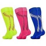 American Trends 3 Pairs Youth Girls Softball Socks with Stitches Athletic Softball Socks for Youth & Adult Soccer Baseball Socks Rose Red & Yellow & Blue XS