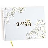 GSM Brands Wedding Guest Book, Simple Flower Bloom Line Art, 9 x 7 60 Lined Guestbook Pages, Elegant Gold Foil Embossed Design with Gold Page Edges