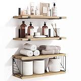 Fixwal 3+1 Tier Bathroom Floating Shelves Over Toilet, 15.8in Farmhouse Rustic Wood Shelves, Wall Decor for Bathroom, Living Room,Bedroom and Kitchen (Rustic Brown)