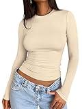 Trendy Queen Long Sleeve Shirts for Women Basic Spring Crop Tops Tight Slim Fit Cute Going Out Outfits Teen Girls Fall Winter Y2k Clothes 2024 Apricot S