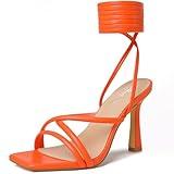 Mostrin Orange Strappy Heels for Women Lace Up Heels Sexy Tie Up Stiletto Heeled Sandals Square Open Toe High Heels for Prom, Party and Weddings Size 7.5