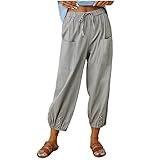 Women's Capri Pants High Waist Drawstring Cinch Bottom with Button Cotton Loose Casual Trouser with Pockets Grey