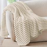 BEDELITE Fleece Throw Blanket for Couch, 300GSM Soft & Warm Fluffy Twin Blanket, Decorative and Giftable Striped Beige Blankets for Women, Men, 60"x80"