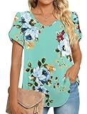 HOTGIFT Womens 2024 Summer Tunic Tops Casual Short Sleeve V-Neck T-Shirt for Leggings Chiffon Blouse Shirts Mint Green X-Large