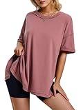 EXLURA Womens Summer Oversized T Shirts 2024 Casual Short Sleeve Loose Maternity Tops Crewneck Tunic Plus Gym Workout Top Brown