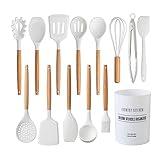 Country Kitchen Silicone Cooking Utensils, 14 Pc Kitchen Utensil Set, Easy to Clean Wooden Kitchen Utensils, Cooking Utensils for Nonstick Cookware, Kitchen Gadgets and Spatula Set