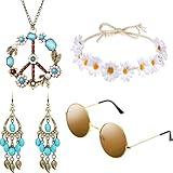 Hicarer Hippie Costume Set Include Sunglasses, Headband, Peace Sign Necklace and Earring (Turquoise Style)