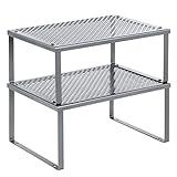 SONGMICS Spice Rack, Cabinet Shelf Organizers, Shelf Organizer, Countertop Organizer, Shelf Riser, Stackable, Expandable, Set of 2 Metal Kitchen Counter Shelves, Silver UKCS01SV