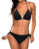 Tempt Me Women Black Two Piece Halter Padded Top Tie Side Bottom Triangle Bikini Bathing Suit M