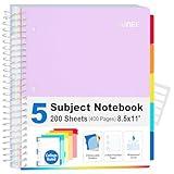 SUNEE 5 Subject Notebook College Ruled - 400 Pages, 8.5"x11", 5 Pocket Colored Dividers, 3-Hole Punched Paper, Purple