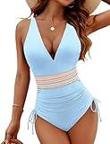 Blooming Jelly Women Tummy Control Swimsuits One Piece Modest Bathing Suit Slimming V Neck Swim Suits 2024 (M, Blue)