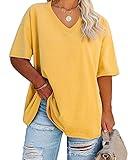 Women's Plus Size V Neck T Shirts Summer Half Sleeve Tees Casual Loose Fit Cotton Tunic Tops Yellow