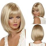 YuanYouTong Short Blonde Bob Wig with Bangs for Women Shoulder Length Straight Wig Hair Replacement Wig Natural Looking Heat Resistant Synthetic Hair Wig for Daily Halloween Cosplay Party Use