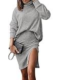 Dokotoo Two Piece Lounge Sets for Women 2024 Fall Outfits Winter Clothes Long Sleeve Turtleneck Pullover Tops Bodycon Skirt Travel Outfit 2 Piece Dress Matching Set Women Clothes Loungewear Grey L