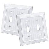 CML Classic Double Toggle Light Switch Wall Plate, 2-Gang Outlet Covers, Vintage Retro Wood Grain Design, Standard Size 4.95”X 4.87”, Impact Resistant, 2-Pack, White