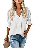 EVALESS Women's Short Sleeve Summer Tops Trendy 2024 V-Neck Ruffle Sleeve Blouse Casual White Top with Smocked Cuffs Shirts Small