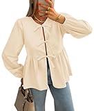 ZESICA Womens Tops Tie Front Long Puff Sleeve Button Peplum Babydoll Cute Shirts 2024 Fall Fashion Blouses,Apricot,Small