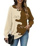 GUNEST Women Graphic Oversized Sweater Crew Neck Long Sleeve Coffee Apricot Cat Printed Loose Fit Casual Knit Pullover Sweaters Top for Fall Winter