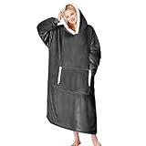 yescool Wearable Blanket Hoodie, Flannel Sherpa Fleece Blanket Sweatshirt for Adults Women Men, Big Plush Cozy Hooded Blanket with Hood, Pocket & Sleeves, Largre, One Size Fits All (Grey)