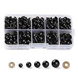 100PCS 6mm-12mm Solid Black Eyes with Washers, Sewing for DIY of Puppet, Plush Animal Making and Teddy Bear