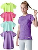 4 Pack: Youth Girls Athletic Shirts, Short Sleeve Dry Fit Apparel Tech Tshirts, Sports Activewear for Kids Teens (Set 3, Medium)