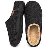 VeraCosy Men's Wool Felt Slippers Warm Fuzzy Faux Sherpa Slip-on Memory Foam Indoor House Slippers Dark Black, 13-14 US