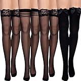 SATINIOR Silk Thigh High Stocking for Women Lace Silicone Socks Satin Bow Top Stocking (Black)