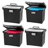 IRIS USA File Box with Lid Portable File Organizer for Letter File w/ Organizer in Lid, Water Resistant Document Box, Plastic Storage Organizer, Secure Buckle, Sturdy Handle, Lock Spot, Black 4 Pack