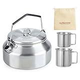 3PCS Camping Kettle Outdoor Campfire Camp Kettle Set with 2 Cups, 1L Stainless Steel camping tea kettle Coffee Pot, Portable Lightweight Teapot, Ideal for Hiking Picnic Travel, Silver