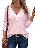 Dokotoo Going Out Tops for Women Fashion 2024 Trendy Dressy Casual V Neck Loose Fit Long Sleeve Buttons Hollow Out Lace Embroidered Blouses Shirts Fall Outfits Ladies Tops (Pink,Medium)