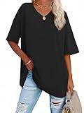 ATHMILE Plus Size Tops for Women T Shirts V Neck Tees Half Sleeve Cozy Comfy Tunic 2024 Y2K Casual Black