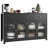 finetones Buffet Cabinet with Storage, 55.1" Large Sideboard Buffet Cabinet, Farmhouse Kitchen Cabinet Display Cabinet with 3 Drawers and 4 Doors, Wood Coffee Bar Cabinet for Kitchen, Black