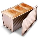 KITESSENSU Pullman Loaf Pan with Lid, 1 lb Dough Capacity Non-Stick Bakeware for Baking Bread, Carbon Steel Corrugated Bread Toast Box Mold with Cover for Baking Bread, Gold