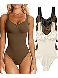 OQQ Women's 3 Piece Bodysuits Sexy Ribbed Sleeveless Shapewear Tank Tops Bodysuits Black Coffee Beige