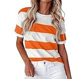 Generic Summer New European and Border Fashion Stripe Print Round Neck Short Sleeve Casual T Shirt Women V Neck (A-Orange, XXL), XX-Large