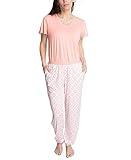 Hanes Women's Step Into Spring Short Sleeve V-neck Top and Jogger Sleep and Lounge Set, Peach/Geo, X-Large