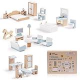 ROBUD Wooden Dollhouse Furniture Set, 23 Pcs Dollhouse Accessories, Miniature Furniture Including 5 Room Kits, Dollhouse Furniture Pretend Play Toys for Boys, Girls & Toddlers, 3+