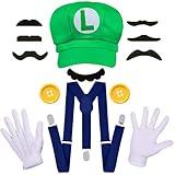 Yaliuliu Novelty Mari and Luigi Costume for Adult,Women and Men - Complete Halloween & Cosplay Accessory Set with Hat, Mustache, Gloves, Buttons, and Suspenders, Green