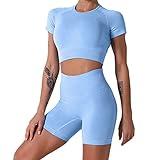 Nicytore Yoga Outfits for Women 2 Piece Set Tracksuit Seamless Short Sleeve Crop Top Workout Leggings Sportwear (Blue01, M)