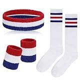 Sucrain 5 Pieces Striped Sweatbands and Socks Set, Sports Sweatbands Wrist Sweat Bands Red, White& Blue High Tube Socks 80s Accessories Costumes for Men Women