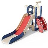 w-nest 6 in 1 Toddler Slide for Toddlers Age 1-3, Extra-Long Slide with Basketball Hoop Indoor and Outdoor Baby Climber Playset Playground Freestanding Slide (Small, Red+Blue)