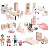 Giant bean 36pcs Wooden Dollhouse Furniture Set with 4 Family Dolls, 5 Rooms Wood and Plastic Pink Dollhouse Accessories Pretend Play Furniture Toys for Boys Girls & Toddlers 3Y+